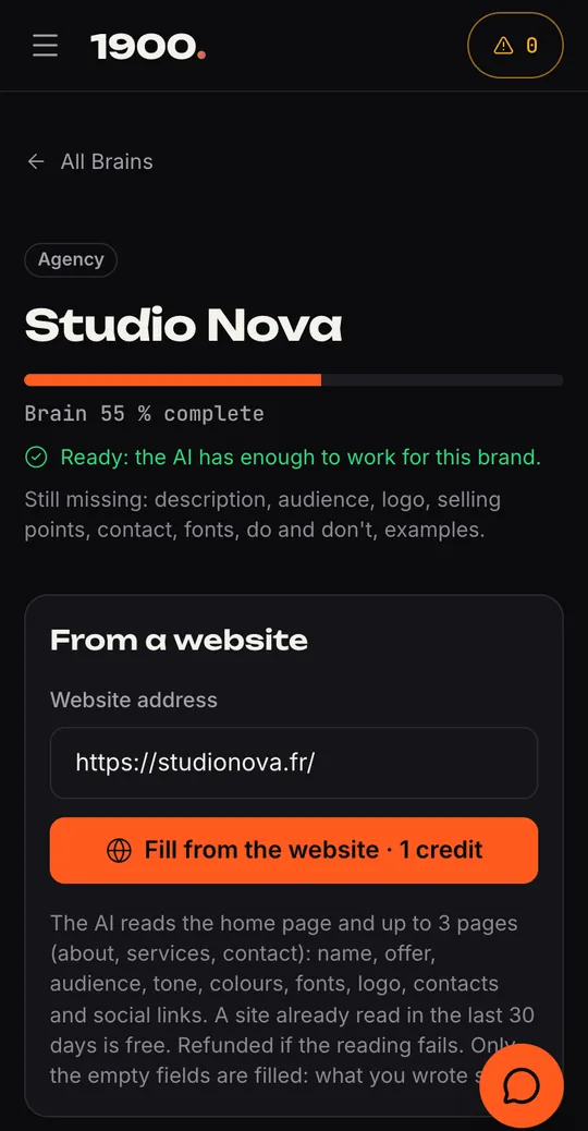 Capture de l'app : le Brain de Studio Nova, complet à 55 %, avec le remplissage depuis un site web à 1 crédit