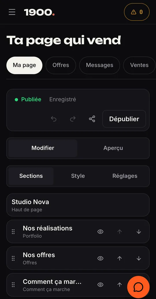 Capture de l'app : l'éditeur de la page qui vend, avec ses sections