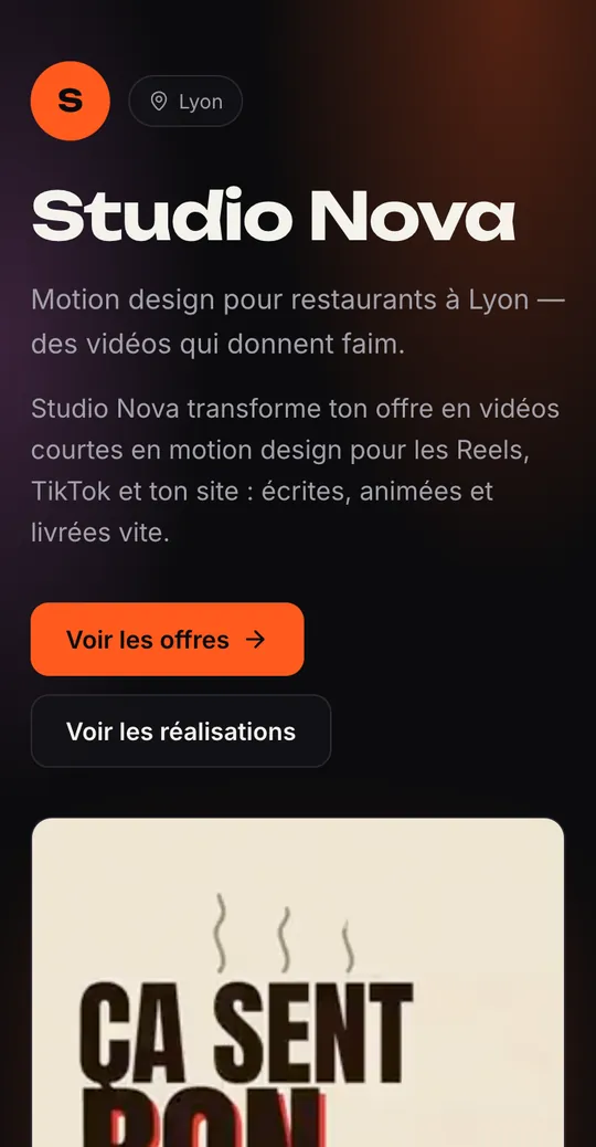 Capture de l'app : la page publique de Studio Nova, agence de motion design à Lyon